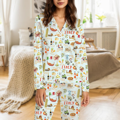 Matching family pajamas featuring an all-over Italy theme print with landmarks and food