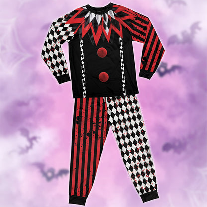 Detailed front view of the jester pajama set top showing the red, black, and white collar and pom-poms
