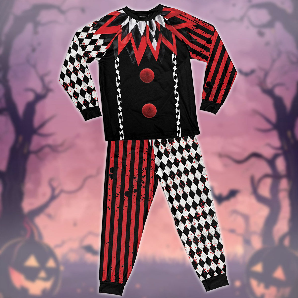 Close up front view of the matching family pajamas sleeve showcasing the red and black stripes