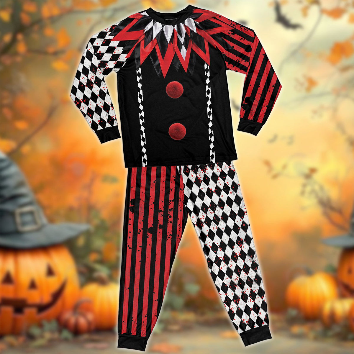 Main view of the jester pajama set featuring a split stripe and diamond pattern with blood spatter details
