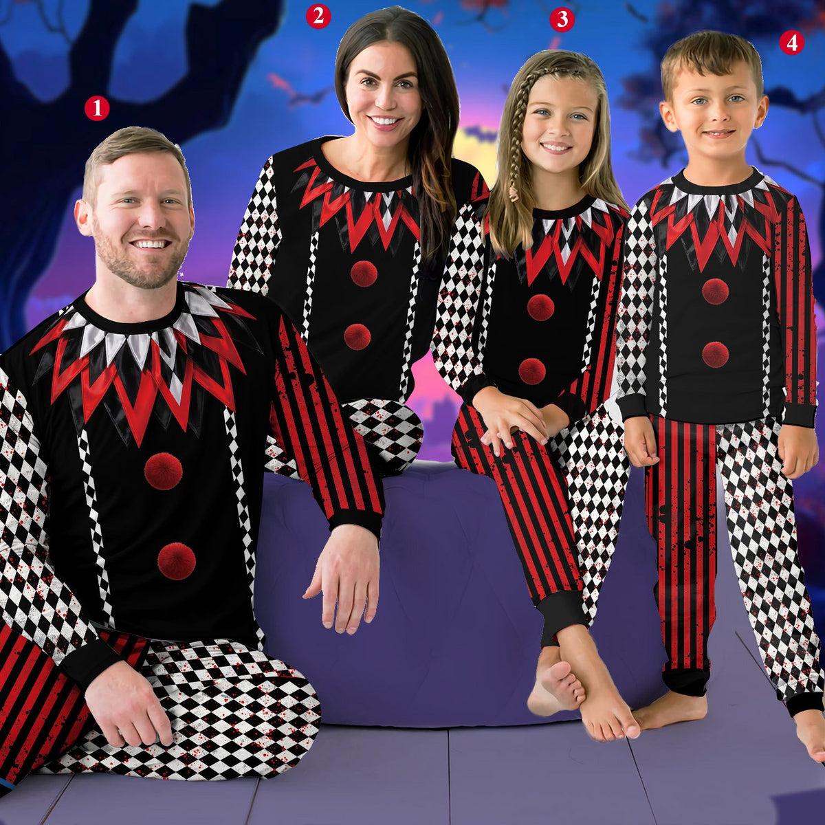 Another lifestyle angle of the spooky jester pajama set