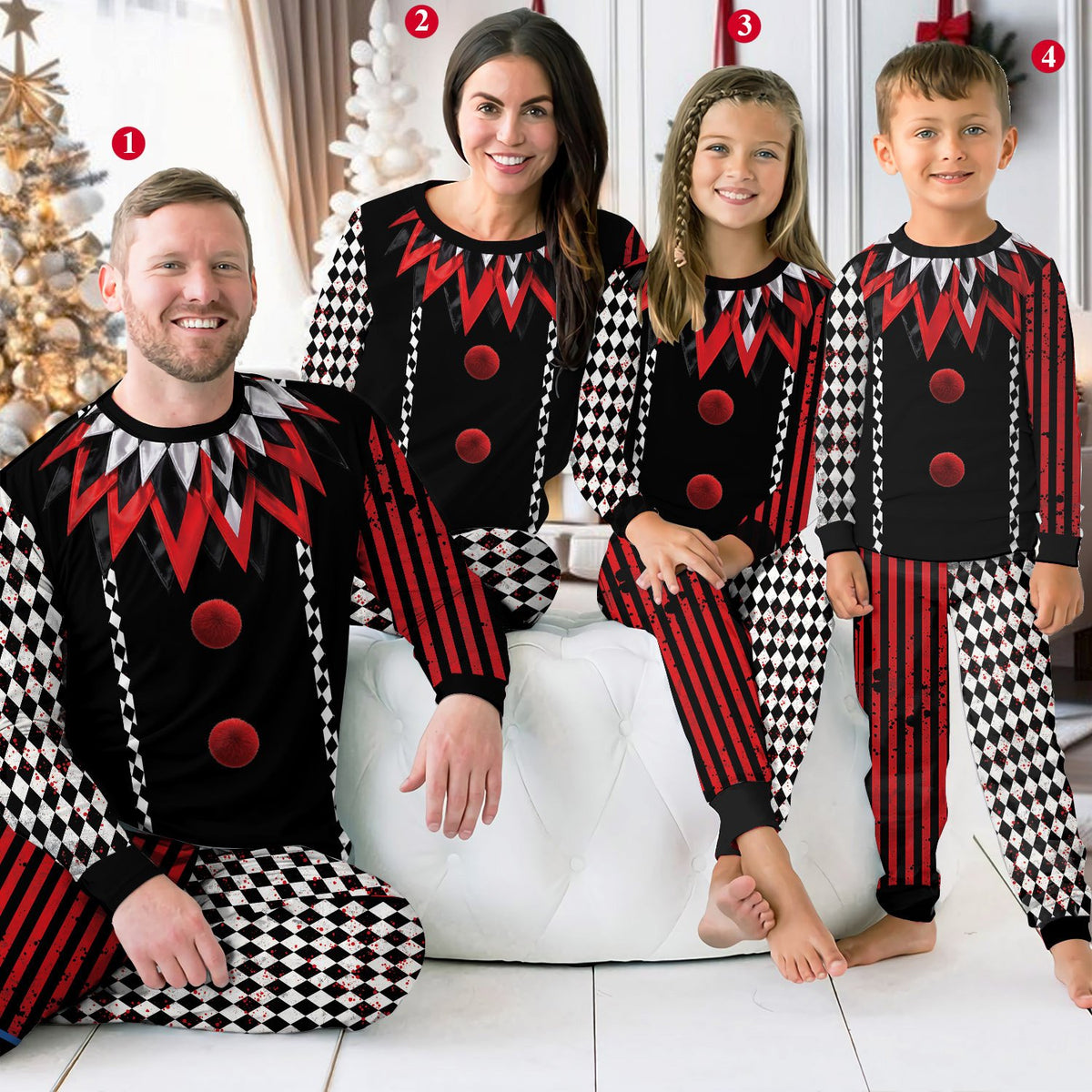 Lifestyle image of the jester pajama set worn indoors