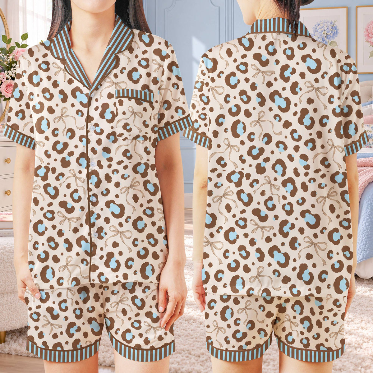 Family wearing matching blue leopard print pajama sets, front view