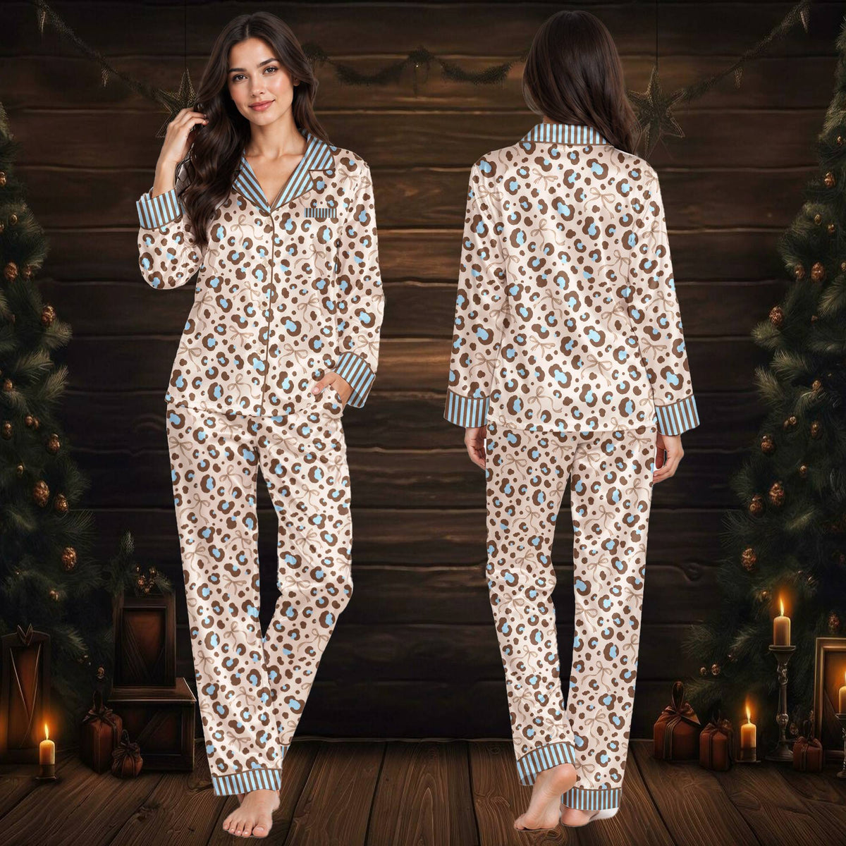 Brown leopard print pajama set, front view