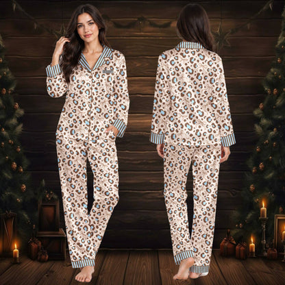 Brown leopard print pajama set, front view