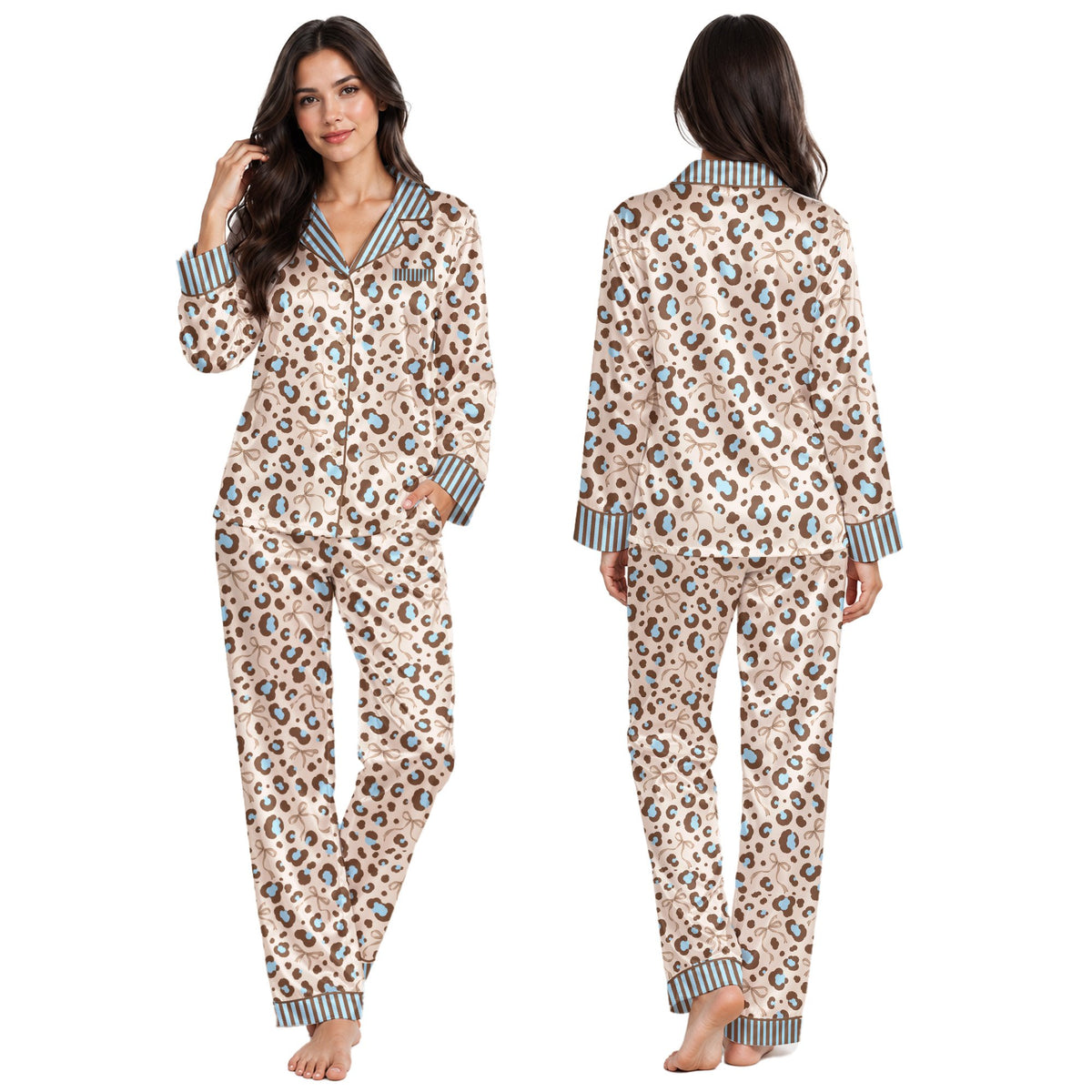 Brown leopard print pajama top and bottom, front view