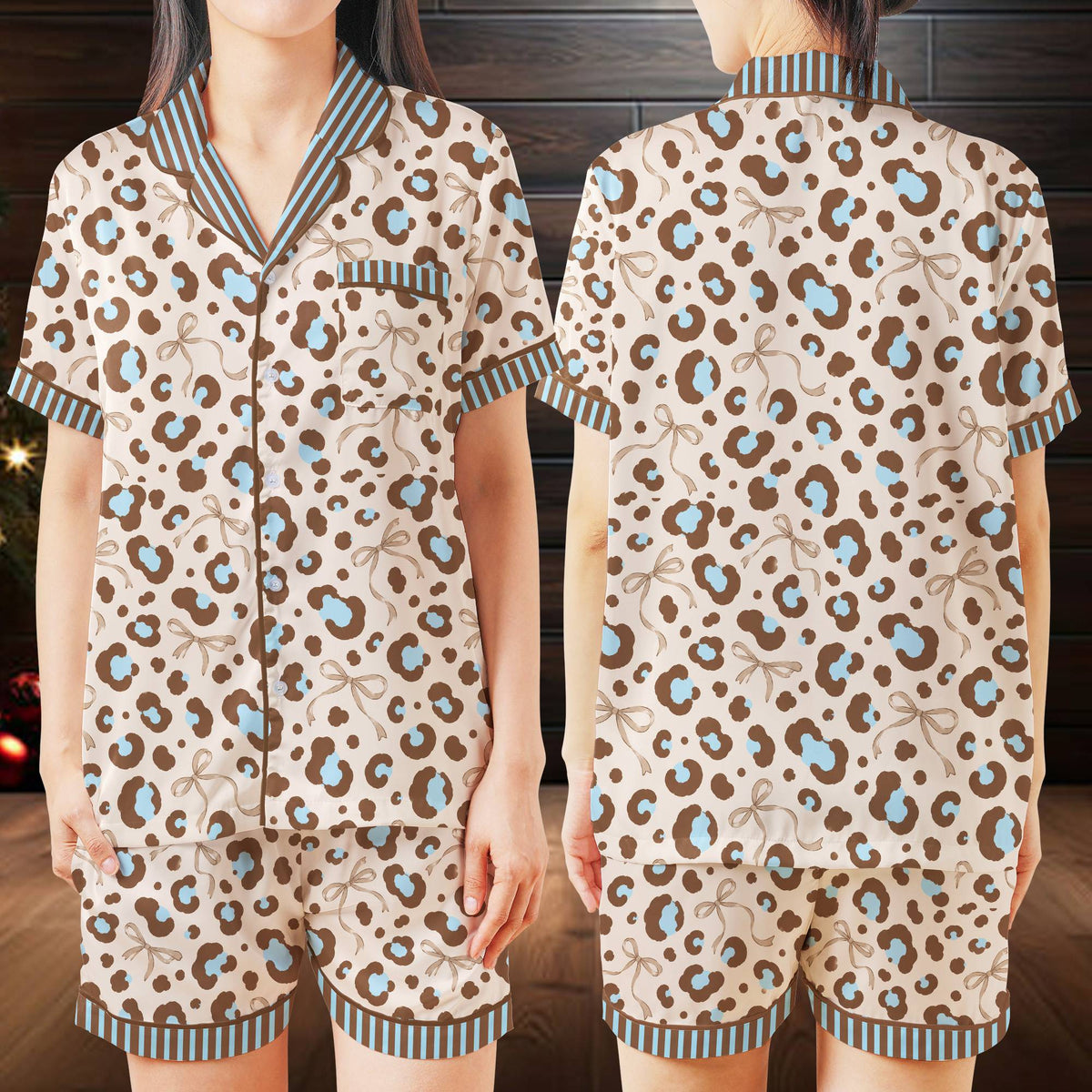 Close-up front view of brown leopard print pajama set