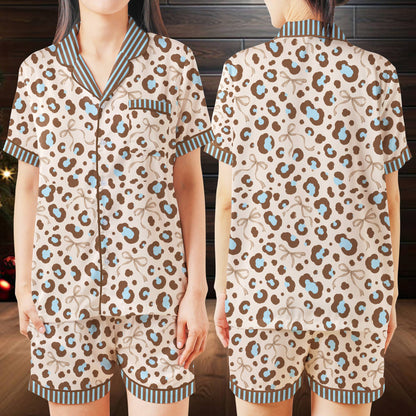 Close-up front view of brown leopard print pajama set
