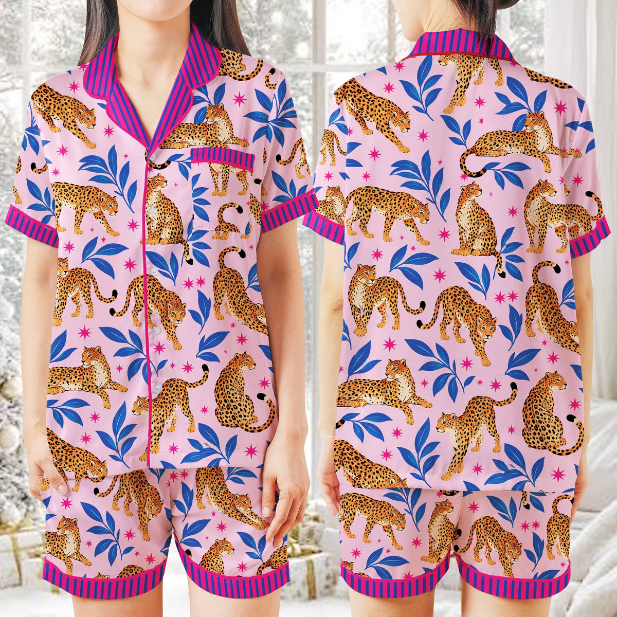 Blue accents on leopard tropical pajama set, front view