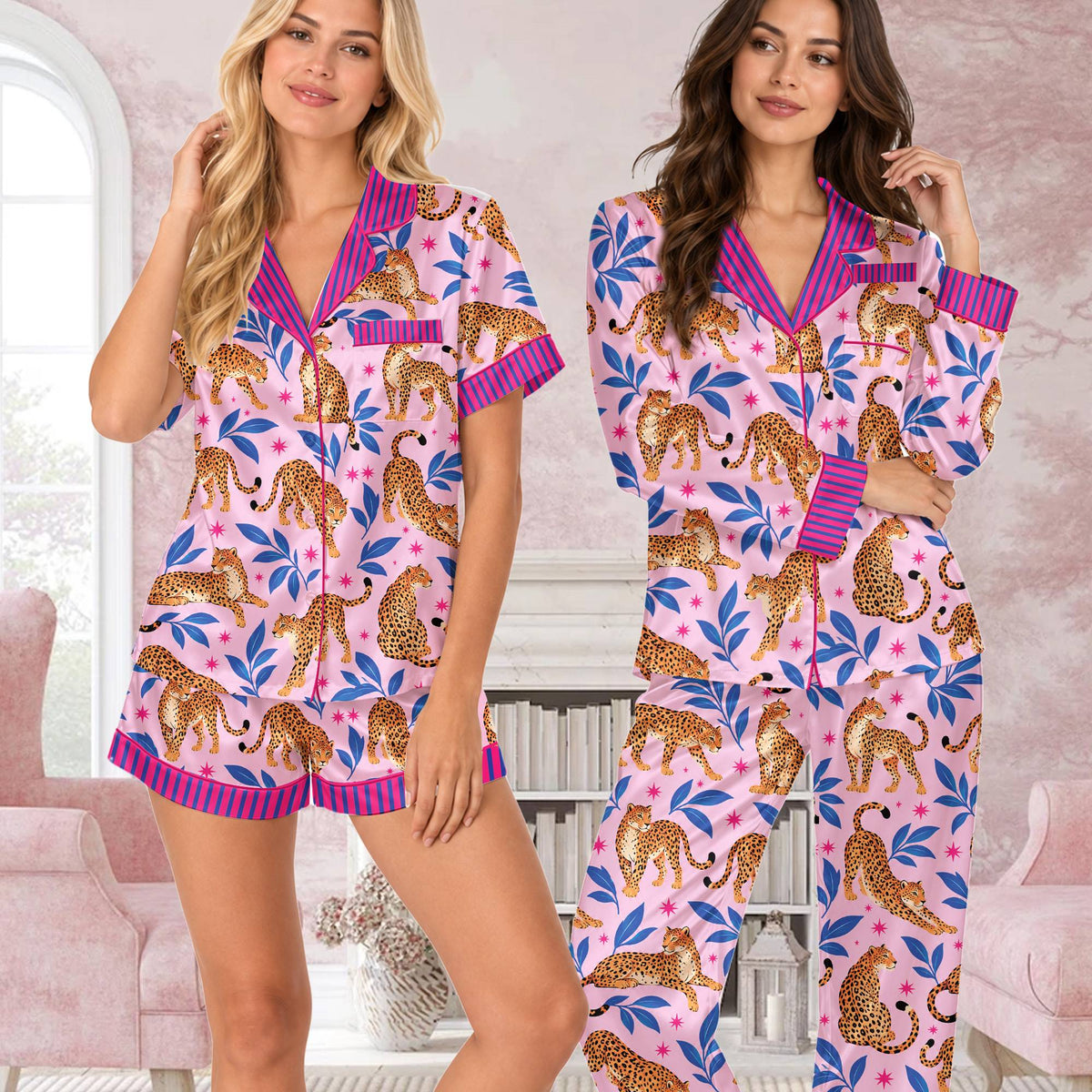 Close up of matching family pajamas leopard tropical pattern, lifestyle view