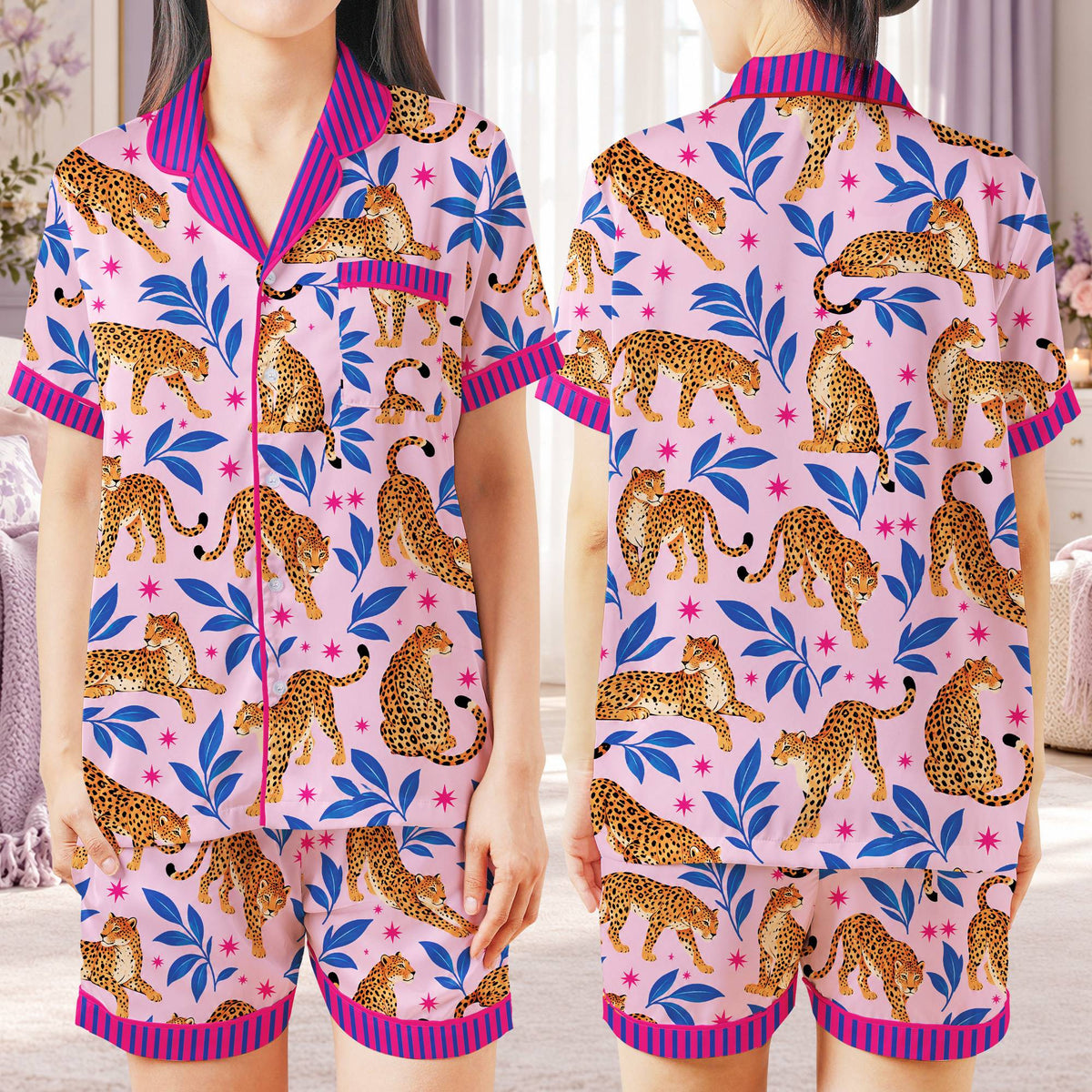 Multicolor leopard tropical pajama set, front view