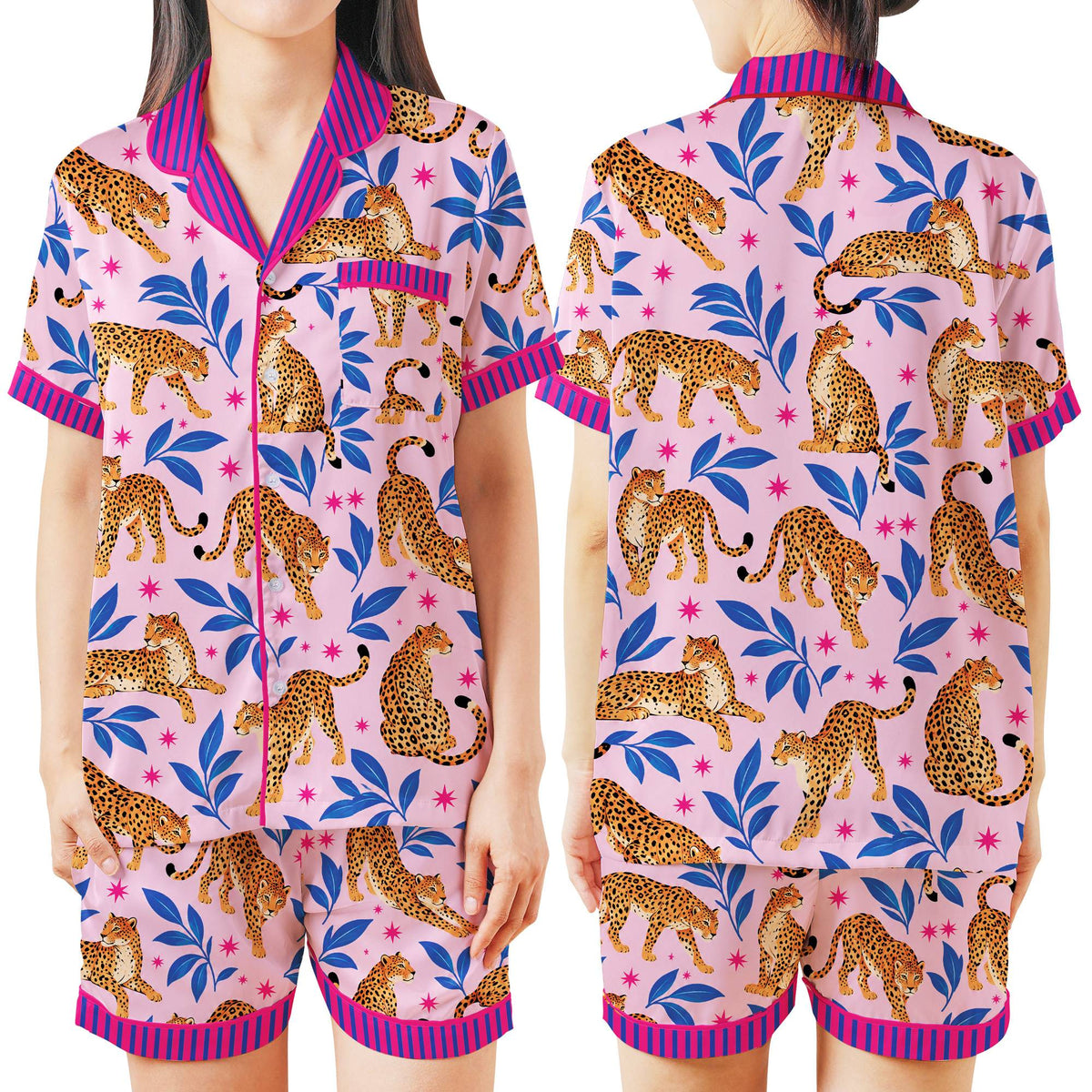 Matching family pajamas with leopard tropical pattern, front view