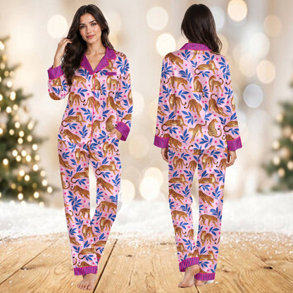 Pink leopard tropical pajama set, front view