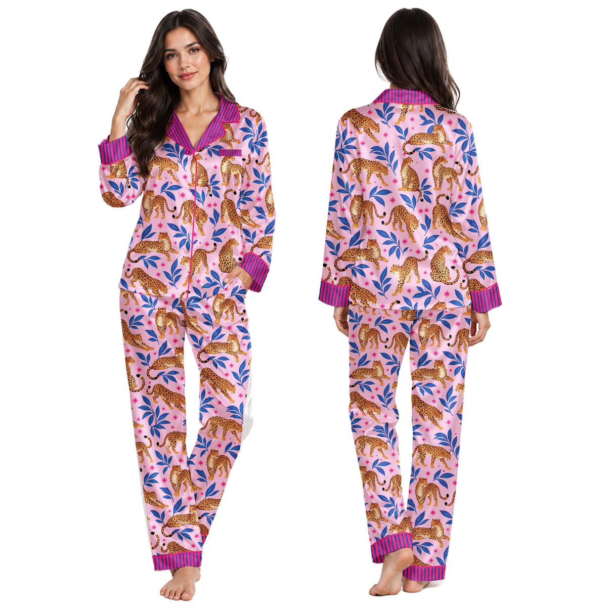 Leopard tropical pajama set showing pink details, front view