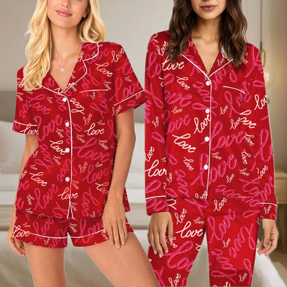 Front view of the red love valentine pajama set shirt