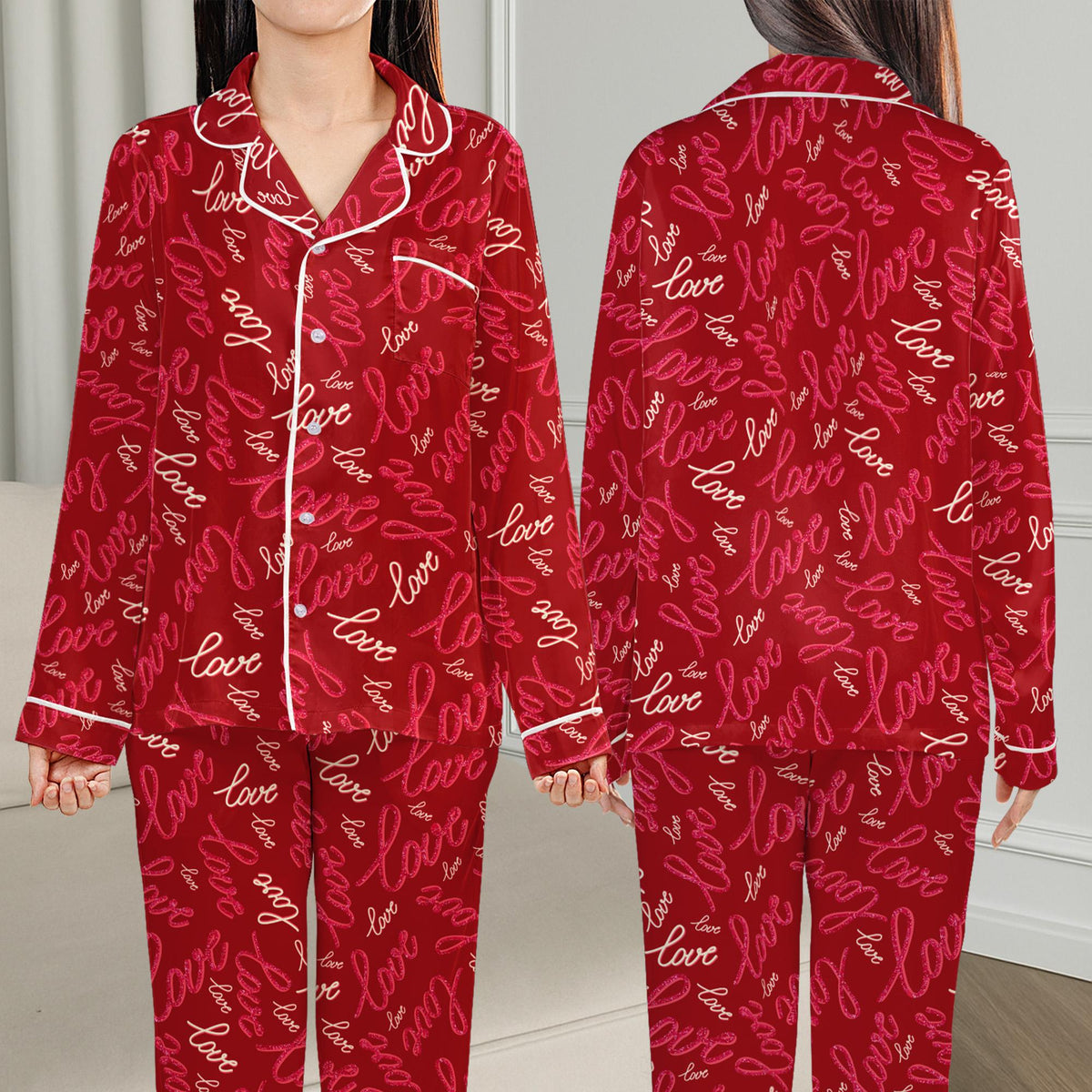 Detail of the matching family pajamas set in red showing the script