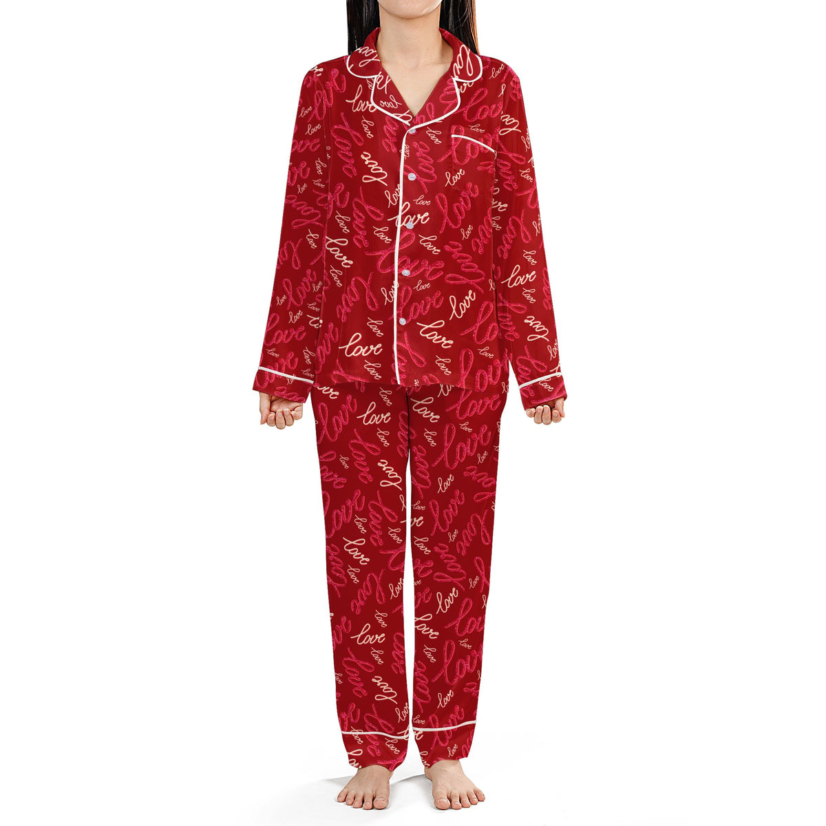 Front view of the pajama set highlighting the love text