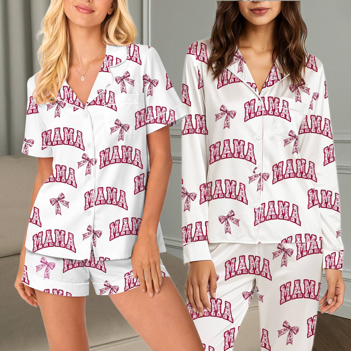 Close up of the mama pajama set showing the subtle floral pattern inside the collegiate letters