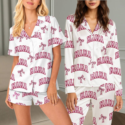 Close up of the mama pajama set showing the subtle floral pattern inside the collegiate letters