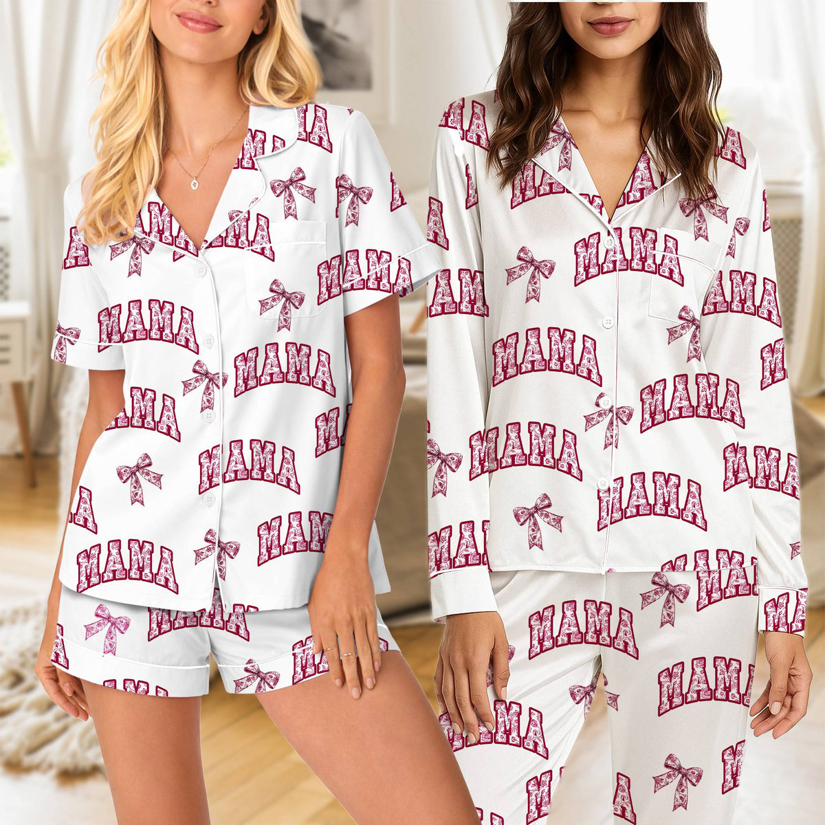 Full front view of the matching family pajamas mama set in white, blue, and red