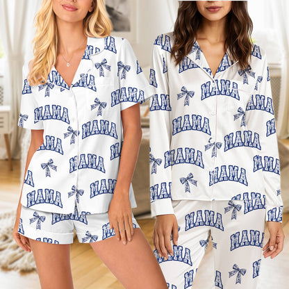 Detailed look at the scattered bow design on the white mama pajama set