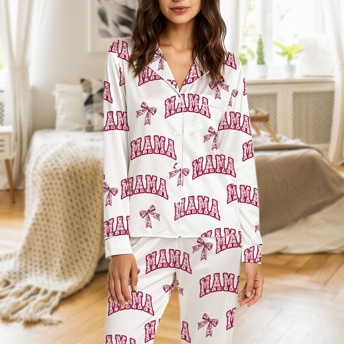Lifestyle presentation of the white mama pajama set with floral and bow accents