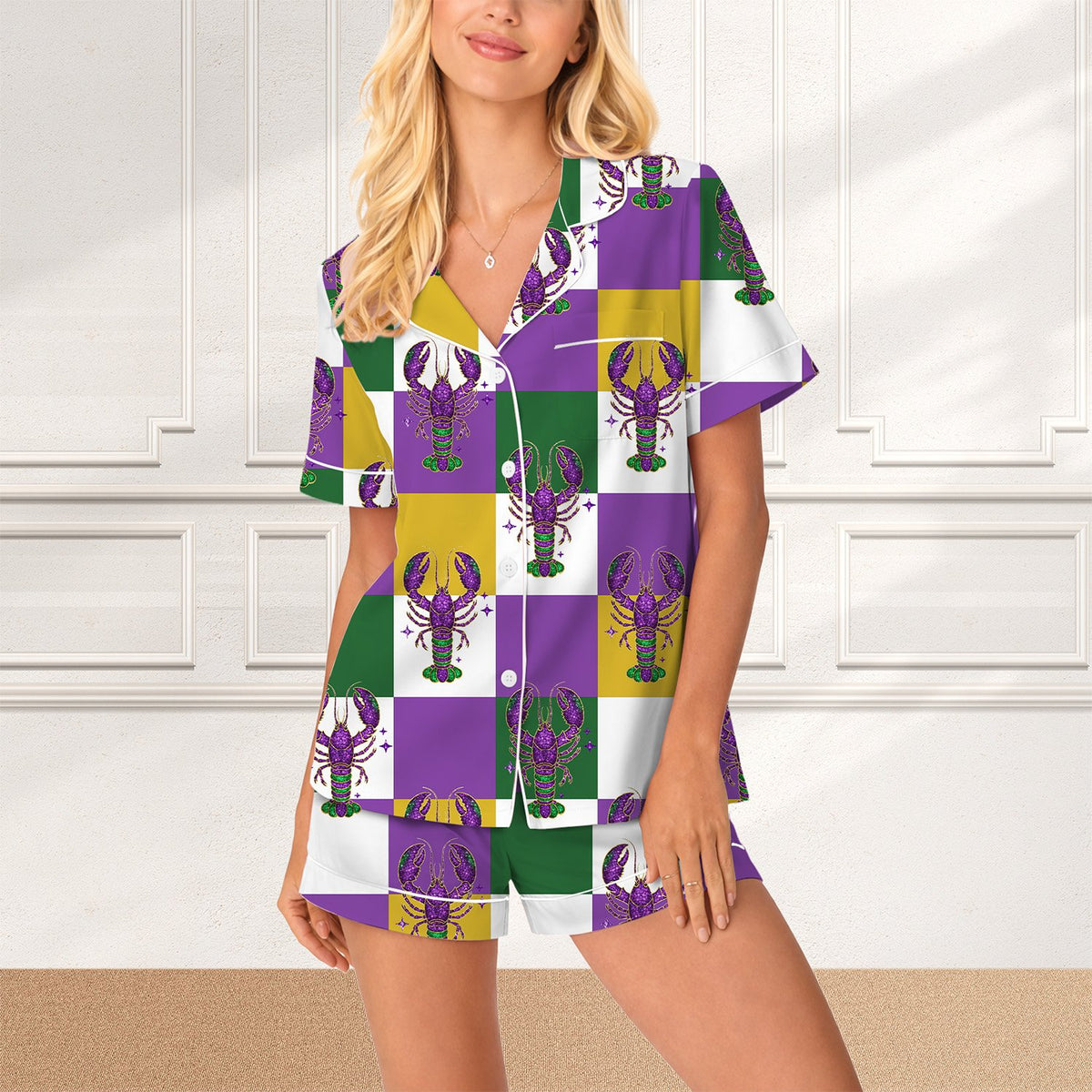 Mardi Gras pajama set featuring a checkerboard crawfish design