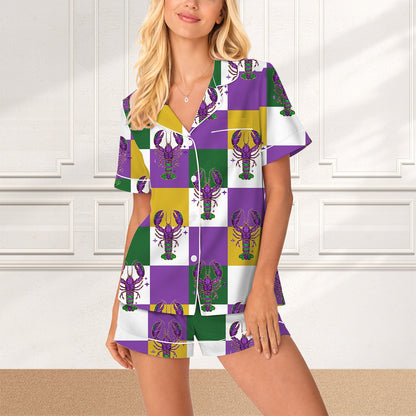 Mardi Gras pajama set featuring a checkerboard crawfish design