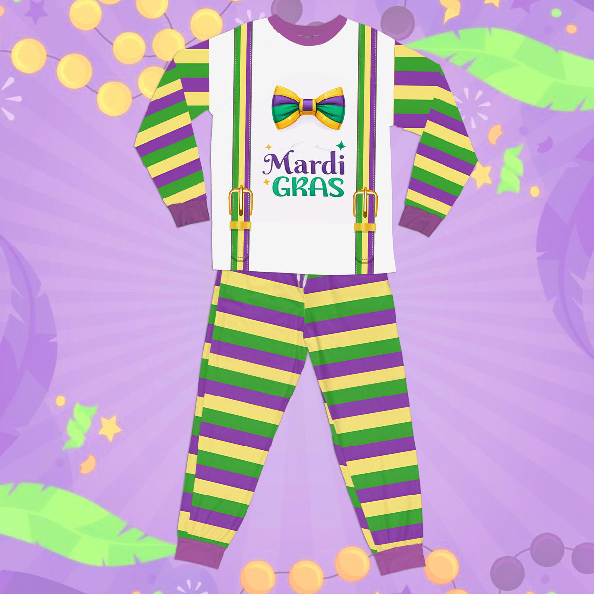 Detailed front view of the mardi gras faux suspenders and bow tie graphic.