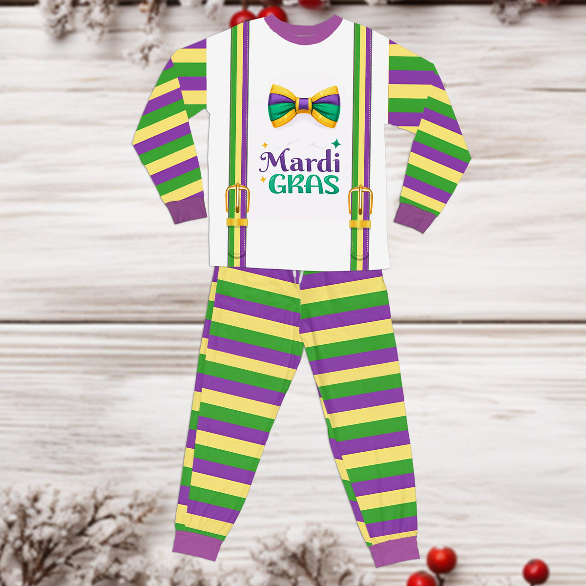 Close up of the purple, green, and yellow striped sleeves and 'Mardi GRAS' text.