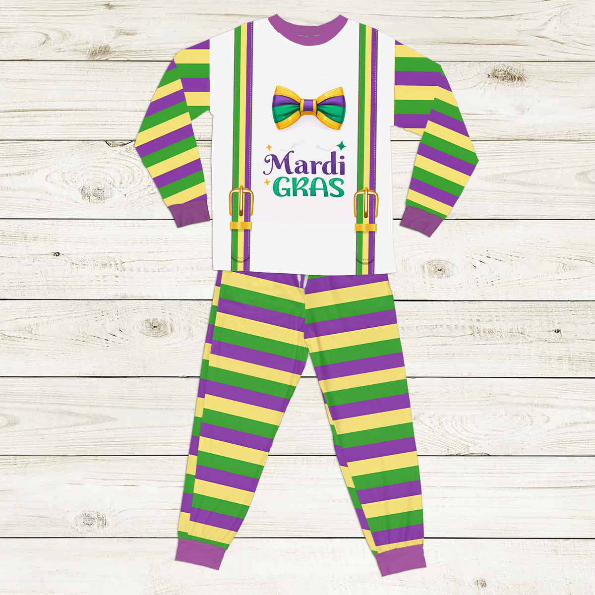 Front view of the white top and striped pants of the mardi gras pajama set.