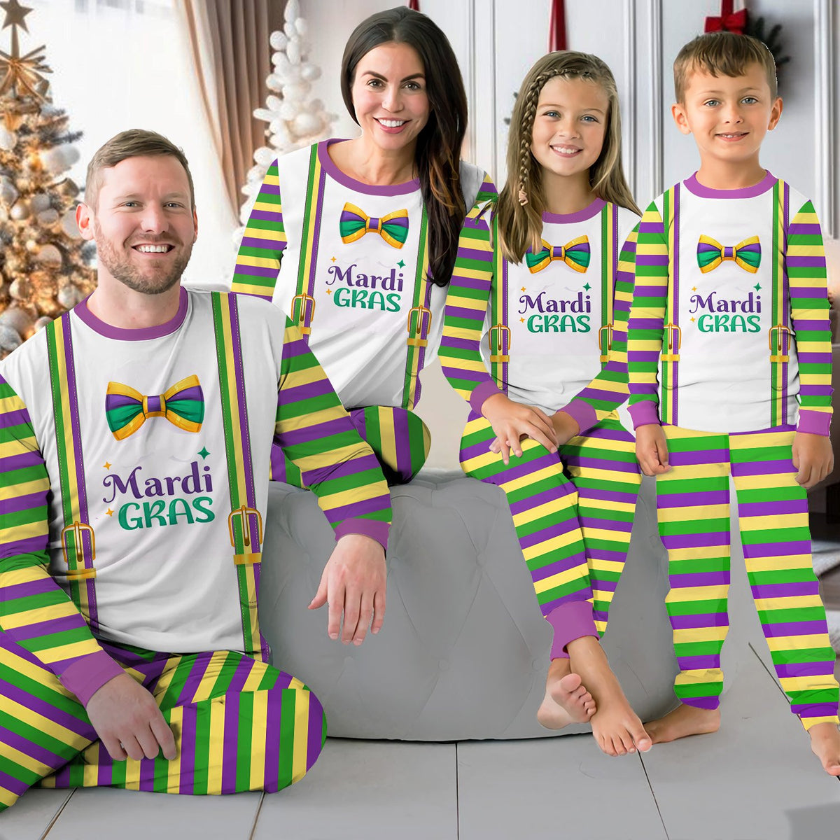 Second lifestyle image showcasing the mardi gras pajama set in a home setting.