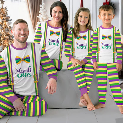 Second lifestyle image showcasing the mardi gras pajama set in a home setting.