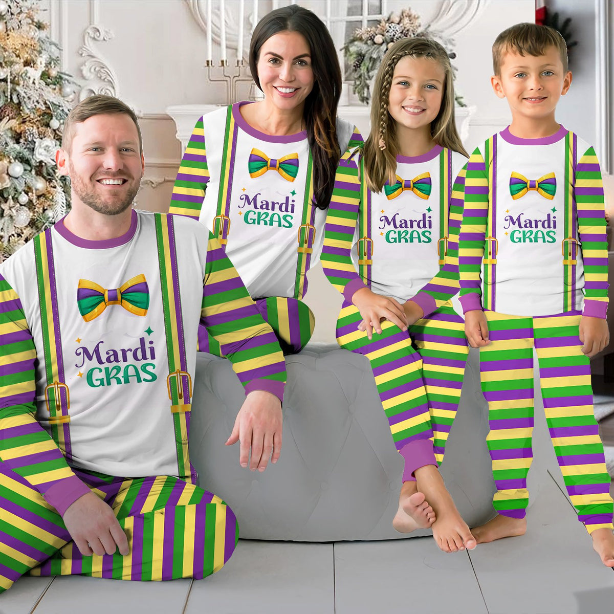 Third lifestyle view of the matching family outfits enjoying festive celebrations.