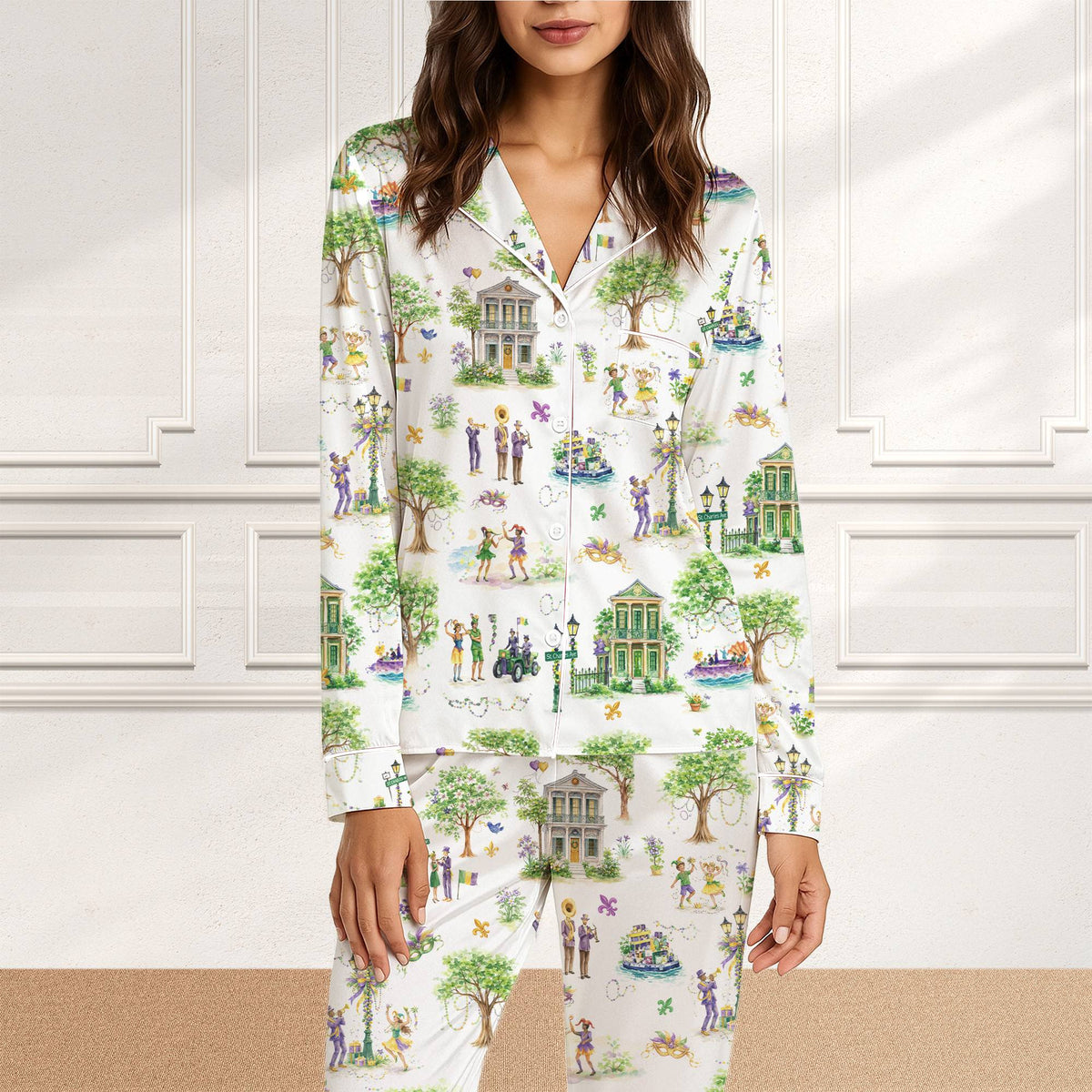 Lifestyle image of the Mardi Gras pajama set worn by family members