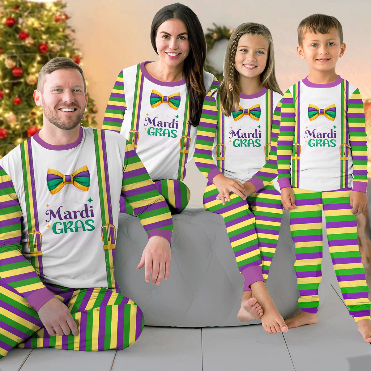 Lifestyle view of family members wearing the matching family pajamas.