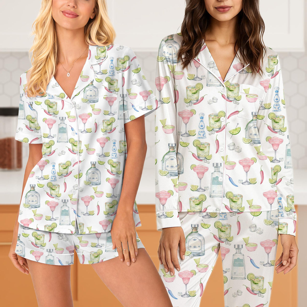 Margarita and tequila themed matching family sleepwear, front view