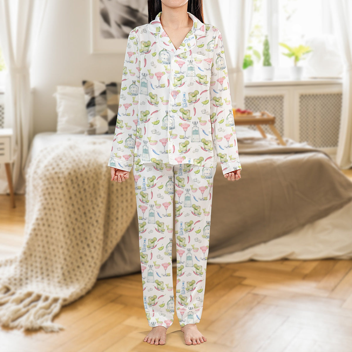 Comfortable polyester pajama set with vibrant summer print, front view