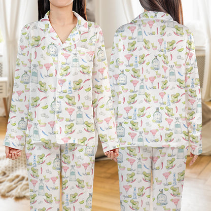 White pajama set with all-over cocktail illustrations, front view
