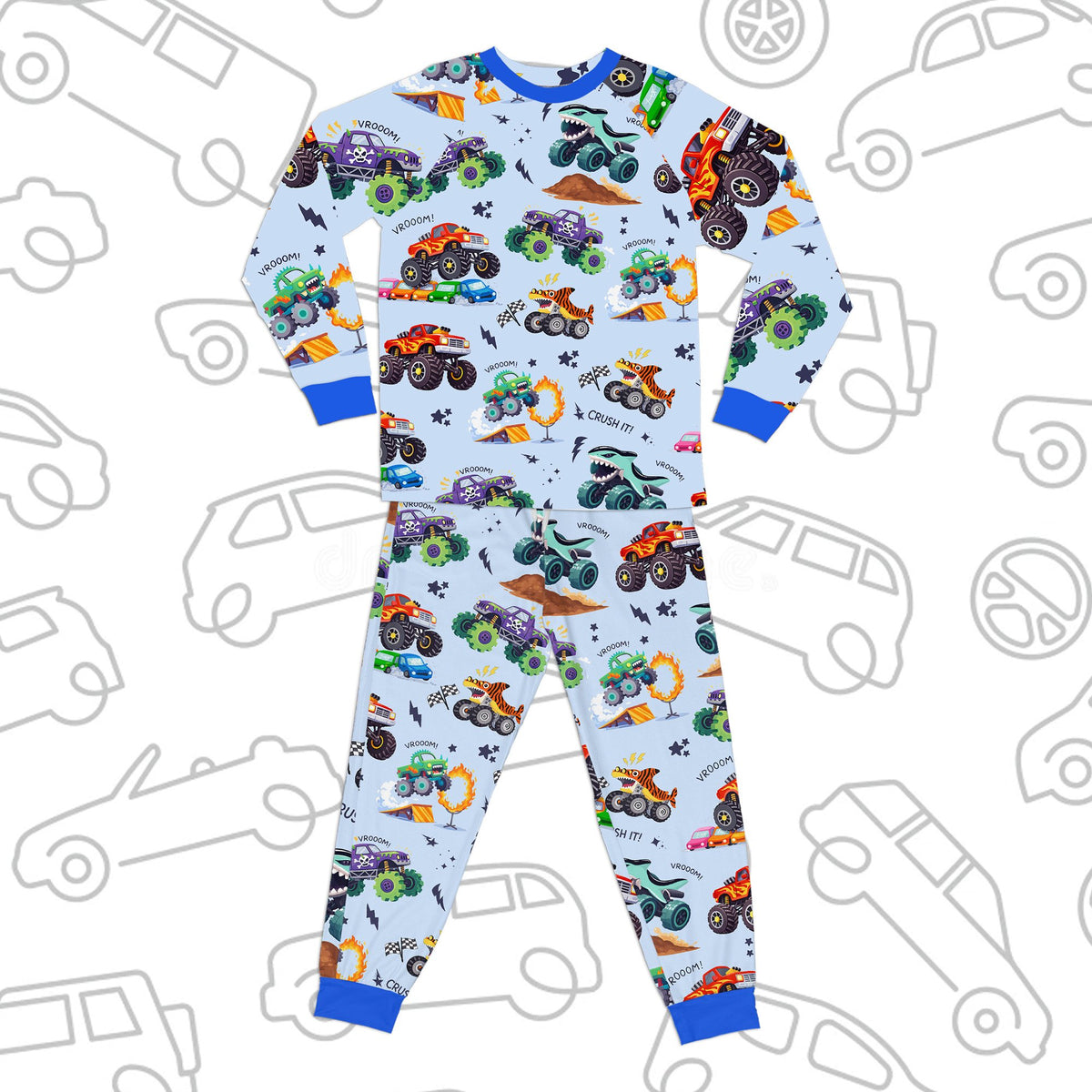 Blue monster trucks pajama set front view
