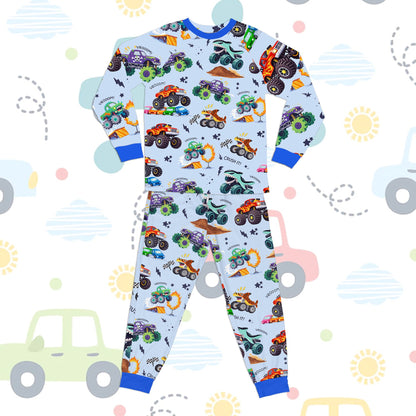 Blue monster trucks pajama set alternate front view