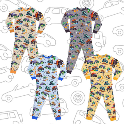 Front view of multicolor monster trucks pajama set