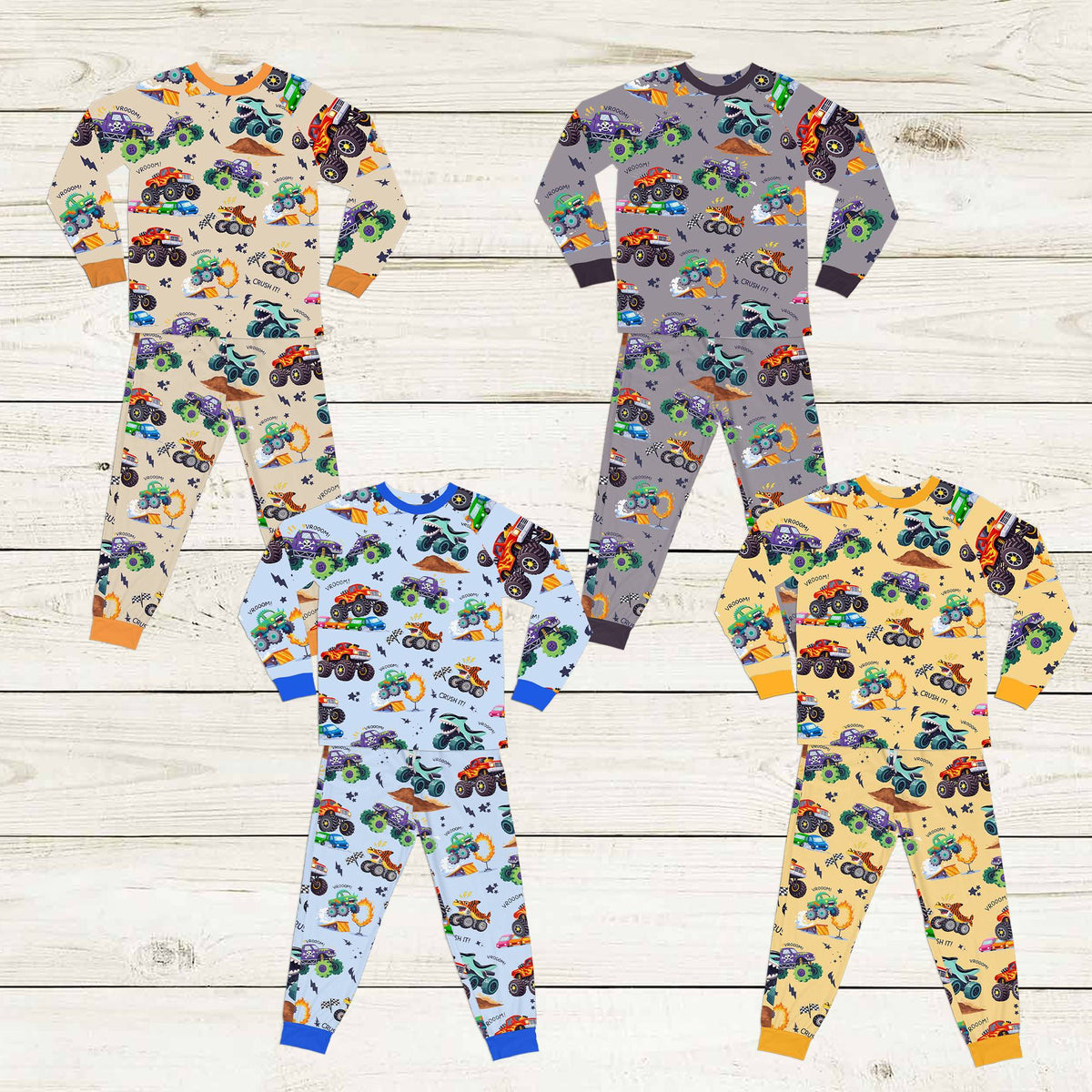 Front view of monster trucks pajama set