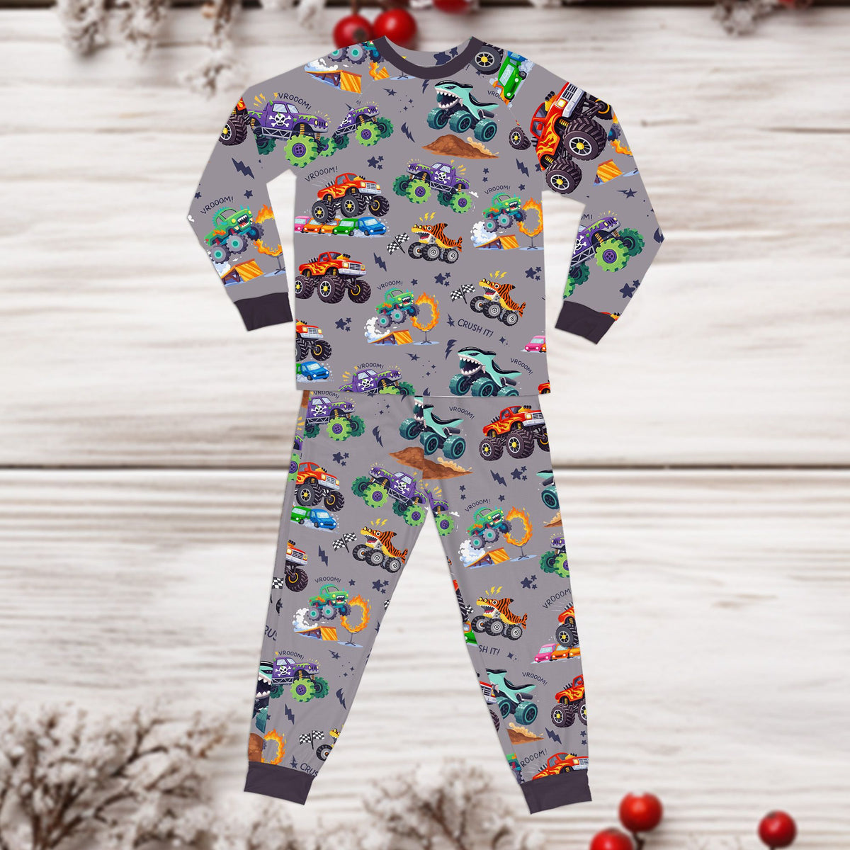 Gray monster trucks pajama set front view