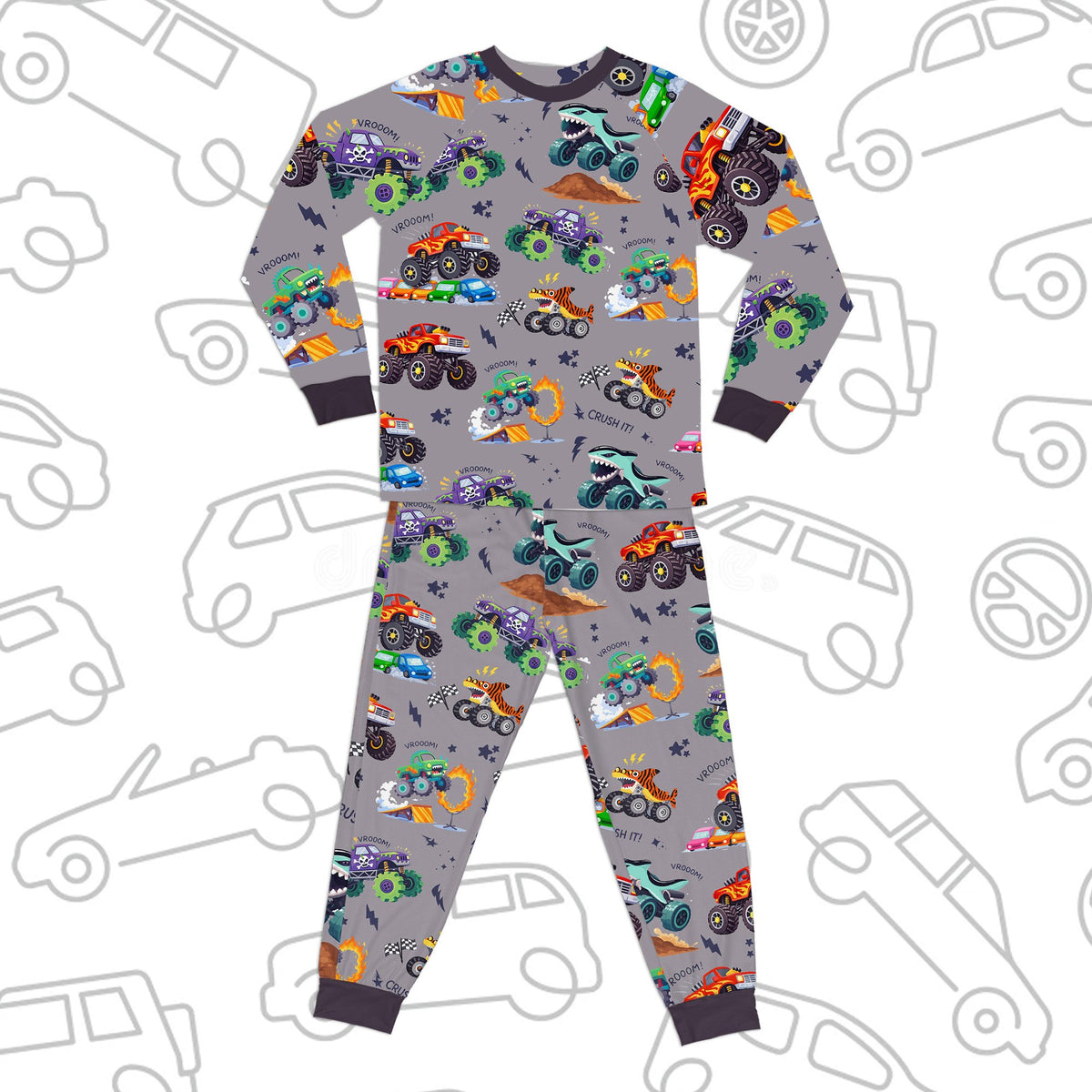 Gray monster trucks pajama set alternate front view