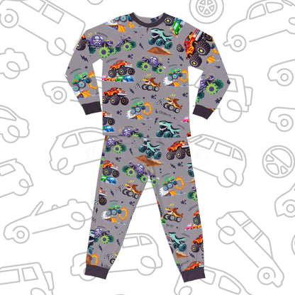 Gray monster trucks pajama set alternate front view