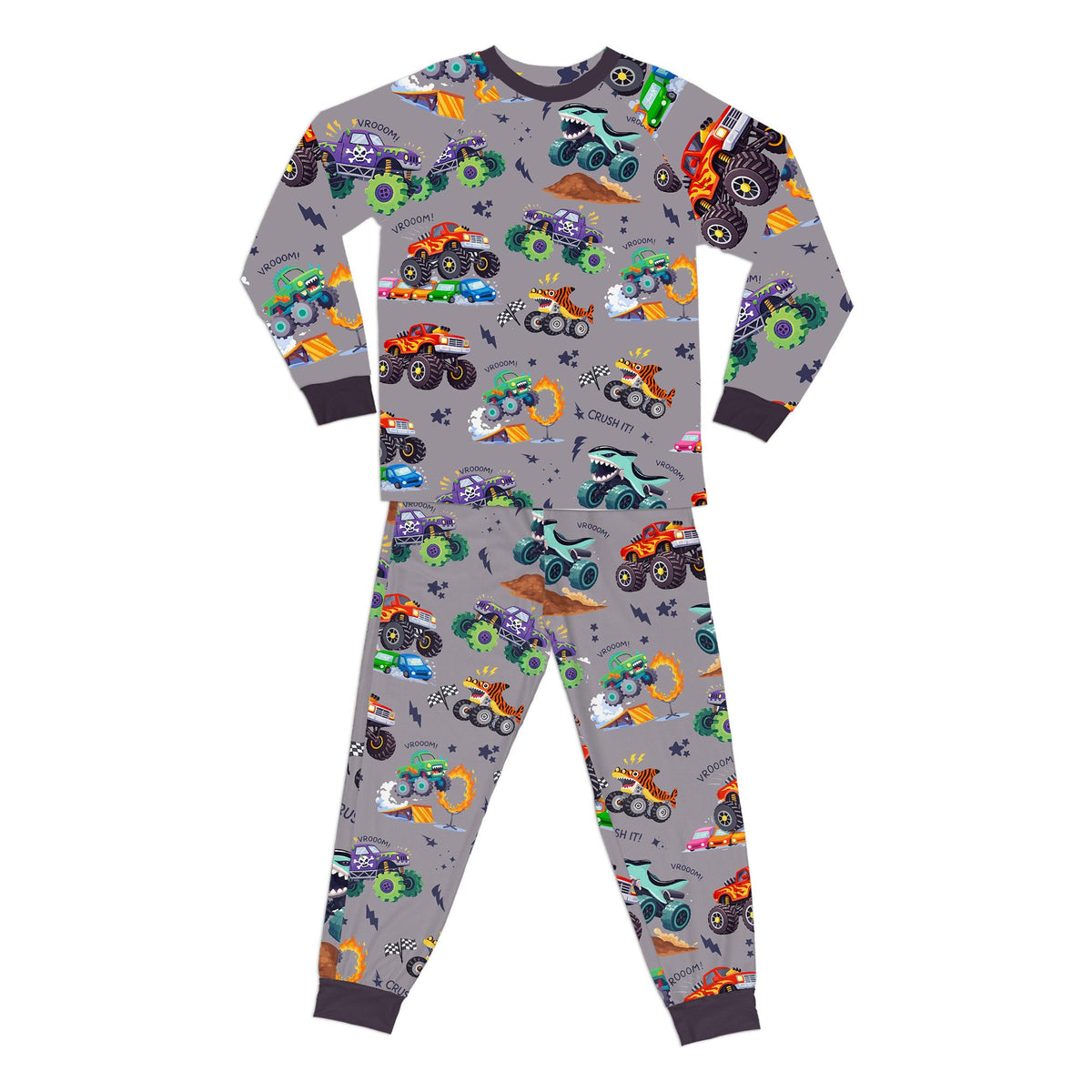 Monster trucks pajama set main view featuring matching family pajamas
