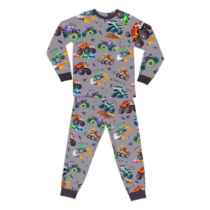 Monster trucks pajama set main view featuring matching family pajamas