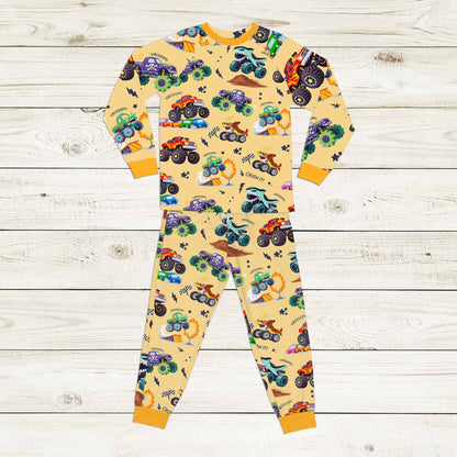 Yellow monster trucks pajama set front view