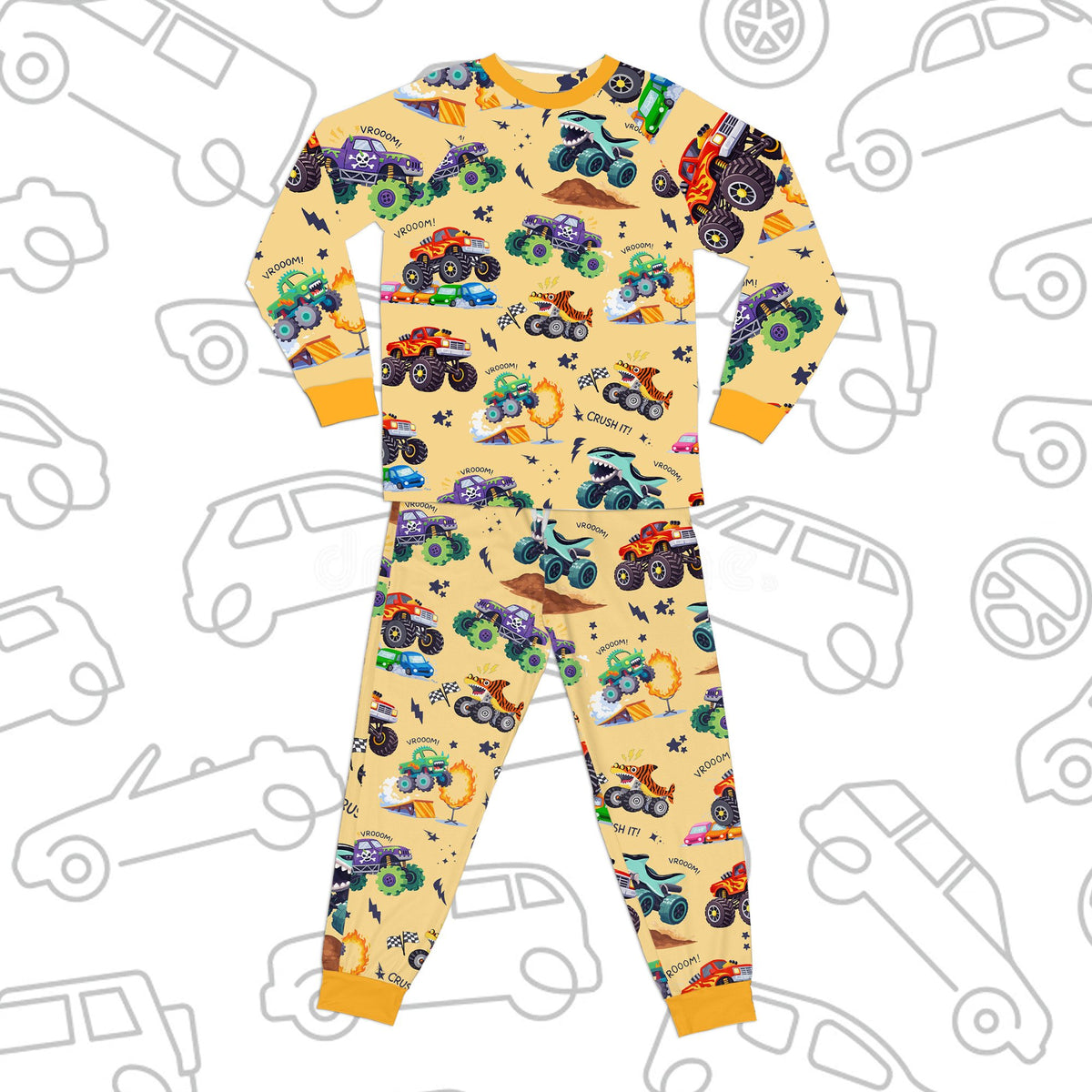 Yellow monster trucks pajama set alternate front view